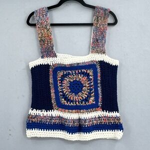 Handmade Crochet Tank Top Small Granny Square Blue Multicolor Boho Festival Y2K
